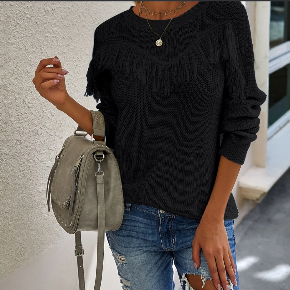 Fringe Vici mustard seed black sweater